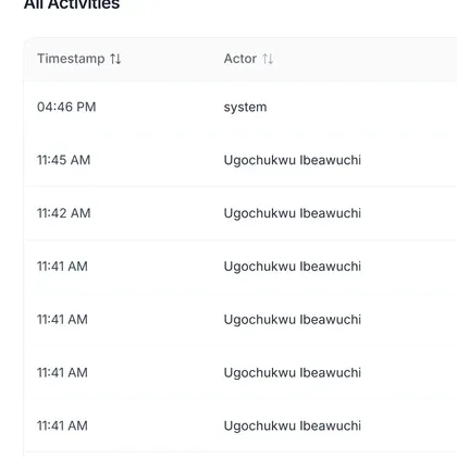 Rows from Tenriva’s audit log, each giving the time something happened and the person or system that did it.