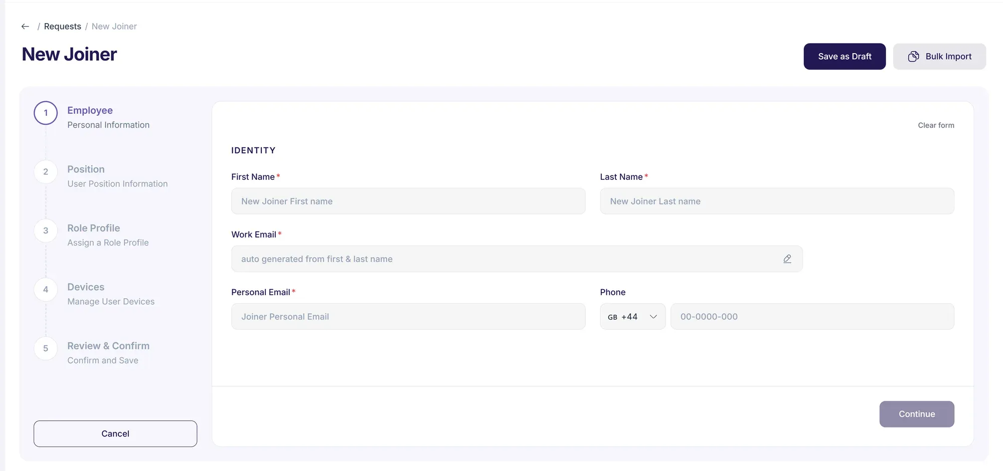 Tenriva’s new joiner request, in five parts: employee, position, role profile, devices, and review and confirm.