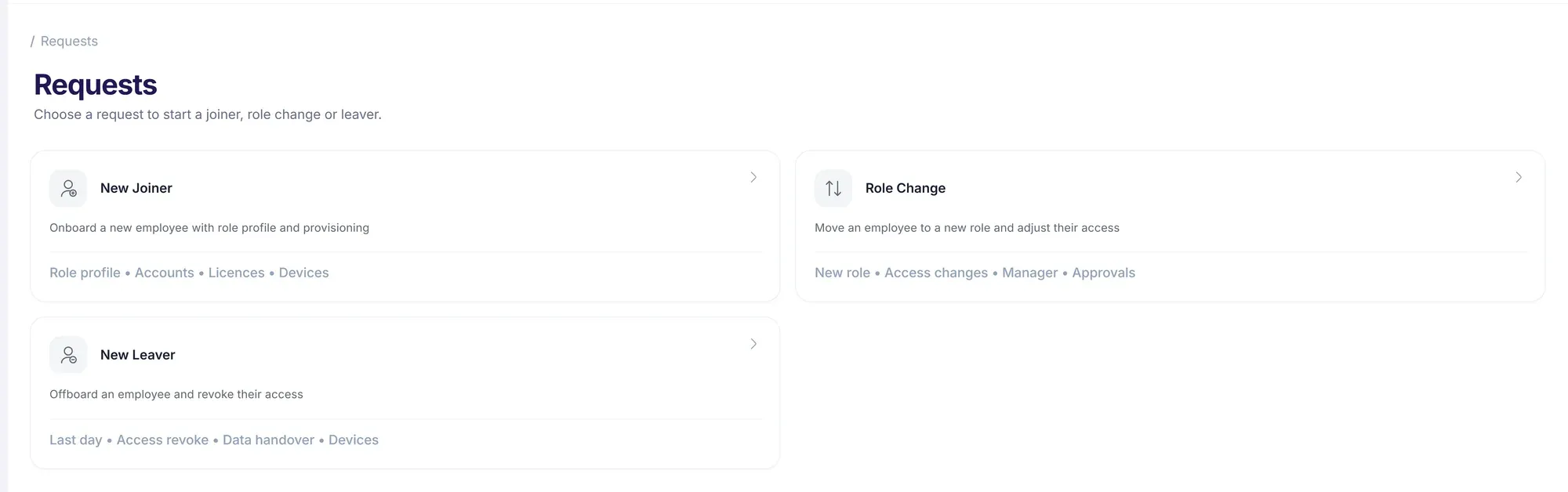 Tenriva’s Requests screen: New Joiner, Role Change and New Leaver, each with what the request covers.